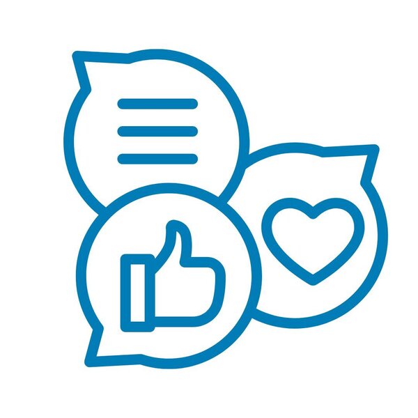 Bild vergr&ouml;&szlig;ern: Eine minimalistische, blau umrandete Grafik auf wei&szlig;em Hintergrund, die drei &uuml;berlappende Sprechblasen zeigt. Die Blasen enthalten klassische Social-Media-Symbole: ein Herz f&uuml;r &raquo;Likes&laquo;, einen Daumen nach oben f&uuml;r &raquo;Zustimmung&laquo; und drei horizontale Linien, die einen Text oder Kommentar darstellen.