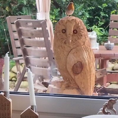 Bild vergr&ouml;&szlig;ern: Rotkehlchen auf Eulen-Skulptur: Ein kleines Rotkehlchen sitzt oben auf dem Kopf einer gro&szlig;en, aus Holz geschnitzten Eulen-Skulptur. Die Szene ist durch eine Fensterscheibe aus dem Innenraum heraus fotografiert; im unscharfen Hintergrund ist eine Terrasse mit Holzst&uuml;hlen und Gartenpflanzen zu sehen
