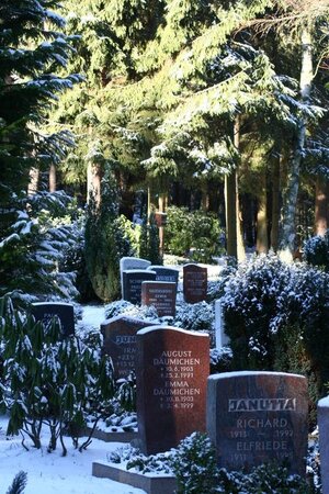 Bild vergr&ouml;&szlig;ern: Verschneiter Waldfriedhof mit mehreren Grabsteinen und hohen Nadelb&auml;umen im Hintergrund.