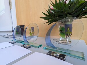 Bild vergr&ouml;&szlig;ern: Drei Auszeichnungen auf einem Tisch, umgeben von einer Vase, beim Neujahrsempfang 2026 f&uuml;r ehrenamtliches Engagement.