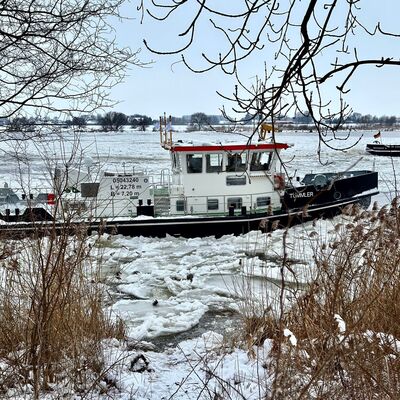 Bild vergr&ouml;&szlig;ern: Ein Schlepper schwimmt im Eis auf dem Fluss Elbe, symbolisch f&uuml;r das Thema Winter.