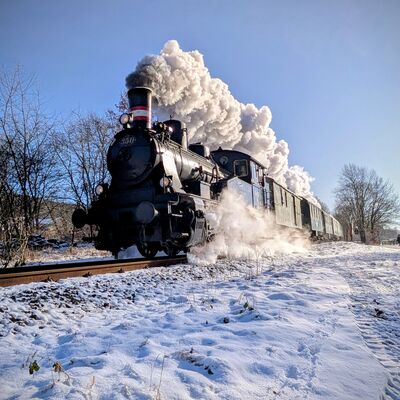 Bild vergr&ouml;&szlig;ern: Eine historische schwarze Dampflokomotive mit der Nummer 350 f&auml;hrt bei strahlendem Sonnenschein durch eine tief verschneite Winterlandschaft. Eine m&auml;chtige, wei&szlig;e Dampfwolke quillt aus dem Schornstein und zieht sich &uuml;ber die angeh&auml;ngten gr&uuml;nen Waggons hinweg. Der Blickwinkel ist leicht von unten schr&auml;g auf die Front der Lok gerichtet, was ihre Gr&ouml;&szlig;e betont, w&auml;hrend am Boden neben den Gleisen Reifenspuren und Fu&szlig;abdr&uuml;cke im frischen Schnee zu sehen sind.