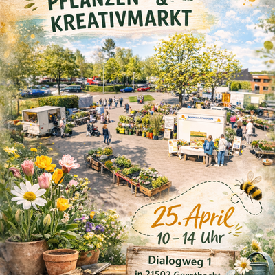 Plakat f&uuml;r den Fr&uuml;hlings-, Pflanzen- und Kreativmarkt am 25. April von 10 bis 14 Uhr im Dialogweg 1, Geesthacht. Das Bild zeigt eine sonnige Au&szlig;enansicht des Marktplatzes mit zahlreichen Blumenst&auml;nden, Besuchern und wei&szlig;en Marktbuden. Im Vordergrund sind bunt bl&uuml;hende Fr&uuml;hlingsblumen in Tont&ouml;pfen und eine illustrierte Hummel zu sehen. Logos der Stadt Geesthacht, des Oberstadt Treffs und des Mehrgenerationenhauses befinden sich am unteren Rand.