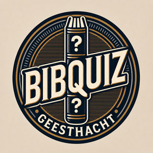 Ein rundes, im Vintage-Stil gestaltetes Logo f&uuml;r das &raquo;BibQuiz Geesthacht&laquo;. Das Logo ist in den Farben Dunkelblau, Beige und Gold gehalten. In der Mitte steht der Schriftzug &raquo;BIBQUIZ&laquo; in gro&szlig;en, leicht schr&auml;g gestellten Blockbuchstaben. Hinter der Schrift verl&auml;uft vertikal der Buchr&uuml;cken eines dicken Buches, auf dem oben und unten jeweils ein Fragezeichen zu sehen ist. Am unteren Rand des Kreises steht in wei&szlig;en Gro&szlig;buchstaben das Wort &raquo;GEESTHACHT&laquo;.