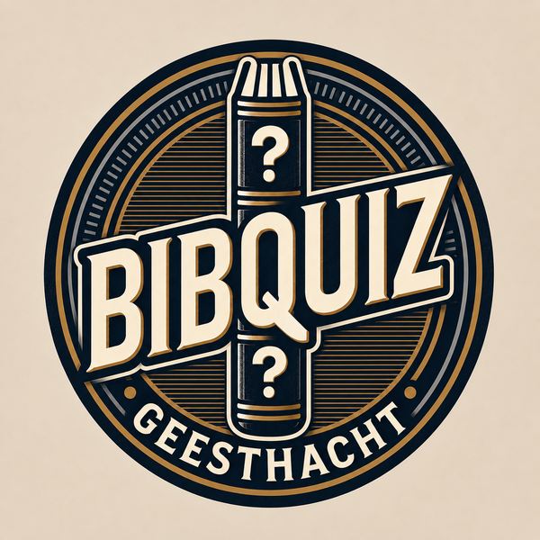 Ein rundes, im Vintage-Stil gestaltetes Logo f&uuml;r das &raquo;BibQuiz Geesthacht&laquo;. Das Logo ist in den Farben Dunkelblau, Beige und Gold gehalten. In der Mitte steht der Schriftzug &raquo;BIBQUIZ&laquo; in gro&szlig;en, leicht schr&auml;g gestellten Blockbuchstaben. Hinter der Schrift verl&auml;uft vertikal der Buchr&uuml;cken eines dicken Buches, auf dem oben und unten jeweils ein Fragezeichen zu sehen ist. Am unteren Rand des Kreises steht in wei&szlig;en Gro&szlig;buchstaben das Wort &raquo;GEESTHACHT&laquo;.