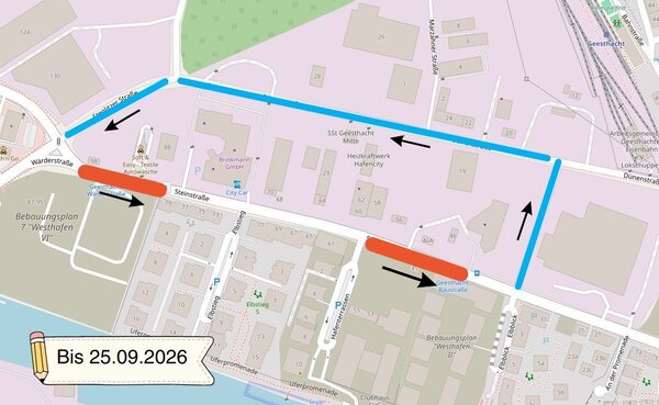 Ein Ausschnitt einer Stra&szlig;enkarte. Blaue und rote Markierungen sowie schwarze Pfeile zeigen eine Umleitung an. Auf der Karte sind Stra&szlig;en wie die Steinstra&szlig;e und Geb&auml;ude in Geesthacht eingezeichnet.