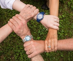 Vier H&auml;nde fassen sich gegenseitig an den Handgelenken und bilden einen geschlossenen Kreis. Die Geste symbolisiert Gemeinschaft und Zusammenhalt. Die Arme befinden sich &uuml;ber einer gr&uuml;nen Wiese.