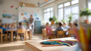 Im Vordergrund liegen bunte Buntstifte auf einem Holztisch. Der Hintergrund ist unscharf. Dort sitzen mehrere Kinder an kleinen Tischen in einem hellen Gruppenraum, w&auml;hrend eine Erzieherin im Raum steht.
