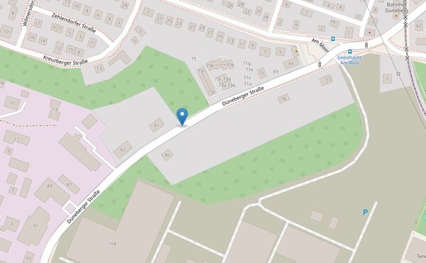 Ein Kartenausschnitt zeigt die D&uuml;neberger Stra&szlig;e mit H&auml;usern und Gr&uuml;nfl&auml;chen. Ein blauer Standort-Marker markiert eine Stelle an der Stra&szlig;e nahe Hausnummer 81.