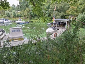 Ein kleiner Bootssteg an einem gr&uuml;nen Gew&auml;sser. Mehrere Motorboote und ein kleines Hausboot liegen am Steg, umgeben von dichten B&auml;umen und Str&auml;uchern.
