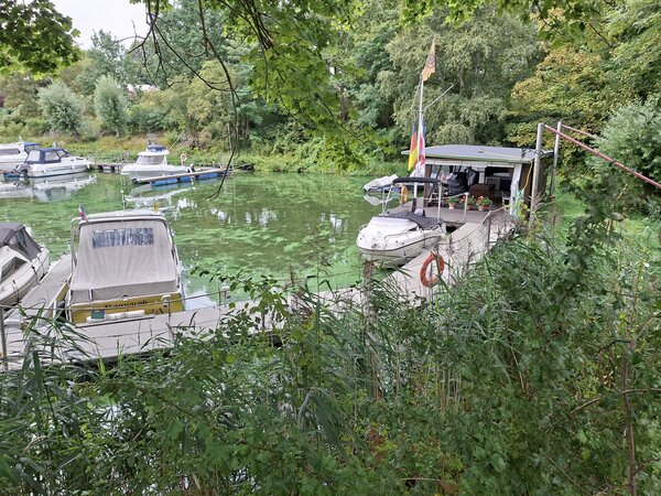 Ein kleiner Bootssteg an einem gr&uuml;nen Gew&auml;sser. Mehrere Motorboote und ein kleines Hausboot liegen am Steg, umgeben von dichten B&auml;umen und Str&auml;uchern.