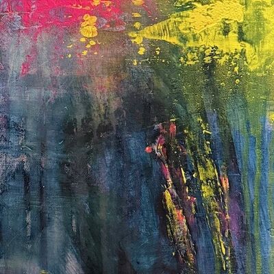 Ein abstraktes, buntes Kunstwerk mit sp&uuml;rbarer Struktur. Oben leuchten kr&auml;ftiges Pink und Gelb. Der untere Teil ist &uuml;berwiegend dunkelblau mit gr&uuml;nen und gelben Farbstreifen.