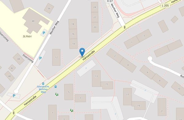 Ein Kartenausschnitt zeigt Stra&szlig;en und Geb&auml;ude. Eine blaue Standortnadel markiert eine Position an der Hansastra&szlig;e nahe dem Worther Weg. Umliegende H&auml;user sind grau dargestellt und nummeriert.