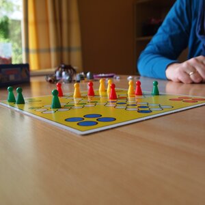 Ein buntes Brettspiel liegt auf einem Holztisch. Auf dem gelben Spielbrett stehen rote, gelbe und gr&uuml;ne Spielfiguren. Eine Person in einem blauen Oberteil sitzt am Tisch.
