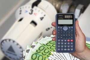 Eine Hand h&auml;lt einen Taschenrechner &uuml;ber mehreren 100-Euro-Scheinen. Im unscharfen Hintergrund ist der Regler einer Heizung zu sehen.