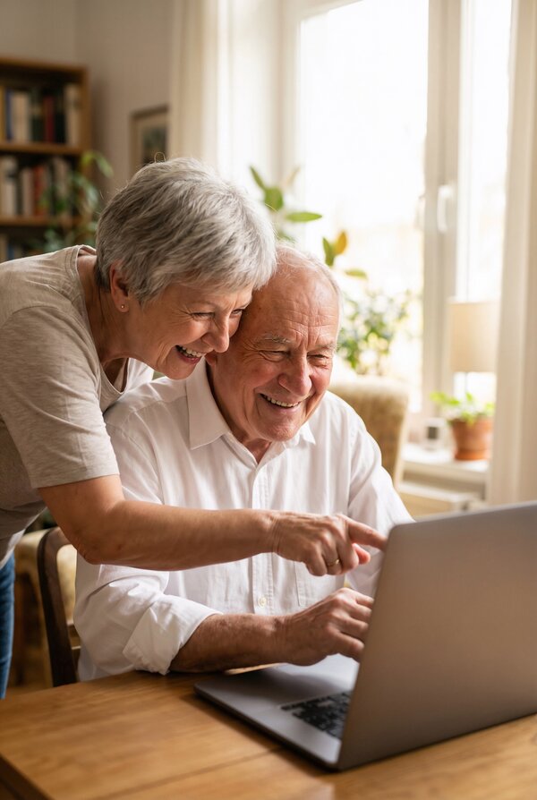 Bild vergr&ouml;&szlig;ern: Ein &auml;lteres Paar schaut fr&ouml;hlich auf einen Laptop. Die Frau beugt sich von der Seite &uuml;ber den Mann und zeigt mit dem Finger auf den Bildschirm. Beide lachen.