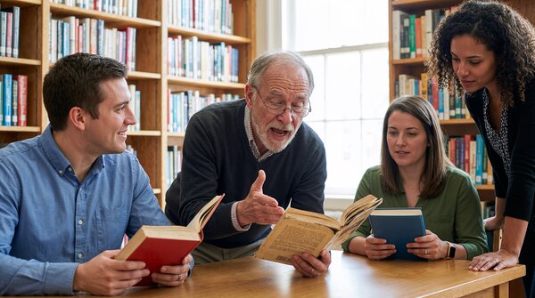 Ein &auml;lterer Mann mit Brille erkl&auml;rt zwei jungen Erwachsenen etwas aus einem aufgeschlagenen Buch. Sie sitzen gemeinsam an einem Tisch in einer Bibliothek.