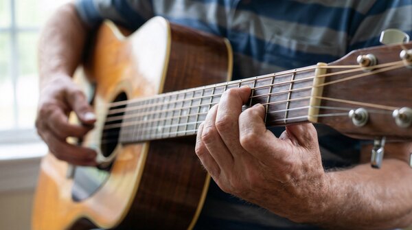 Nahaufnahme der H&auml;nde einer Person, die Gitarre spielt. Die Finger dr&uuml;cken die Saiten auf dem Hals einer braunen Akustikgitarre herunter.