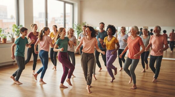 Bild vergr&ouml;&szlig;ern: Eine Gruppe von Frauen und M&auml;nnern unterschiedlichen Alters tanzt barfu&szlig; in einem hellen Raum mit Holzboden. Alle tragen bequeme Kleidung, bewegen sich fr&ouml;hlich zur Musik und lachen gemeinsam.