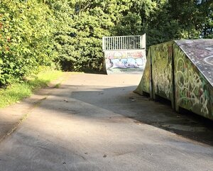 Ein Skatepark im Freien. Auf einer asphaltierten Fl&auml;che stehen verschiedene Rampen, die mit bunter Graffiti bemalt sind. Im Hintergrund wachsen dichte gr&uuml;ne B&auml;ume.