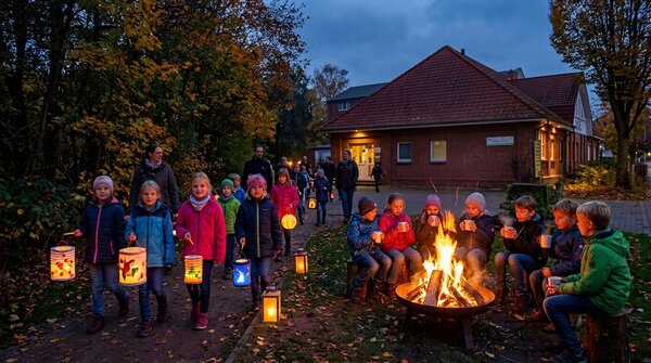 Bild vergr&ouml;&szlig;ern: Das Bild zeigt eine gem&uuml;tliche Herbstszene in der Abendd&auml;mmerung vor einem roten Backsteingeb&auml;ude. Auf einem schmalen Weg laufen mehrere Kinder im Alter von etwa 6 bis 13 Jahren mit bunt leuchtenden, selbstgemachten Laternen entlang. Sie sind warm in Herbstjacken gekleidet. Rechts im Vordergrund brennt ein warmes Lagerfeuer in einer Feuerschale. Um das Feuer herum sitzen weitere Kinder auf Holzst&auml;mmen, halten Dampfbecher in den H&auml;nden und w&auml;rmen sich auf.