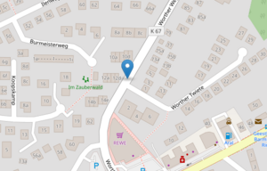 Ausschnitt einer Stra&szlig;enkarte. Ein blauer Pin markiert eine Adresse am Worther Weg. In der Umgebung sieht man Wohnh&auml;user mit Hausnummern, verschiedene Stra&szlig;en und einen REWE-Supermarkt.