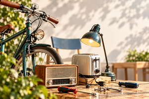 Auf einem Holztisch im warmen Sonnenlicht stehen ein altes gr&uuml;nes Fahrrad, ein Holzradio, ein Toaster und eine brennende Tischlampe. Davor liegt Werkzeug wie ein Schraubenzieher.